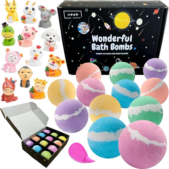 Wonderful Bath Bombs Bath Bombs for Kids, Animals, Toys, Set of 12, Gift, Present, Space, Planet, Bath Salt, Assorted, Birthday, Christmas Present, Children, Boys, Girls, Bath