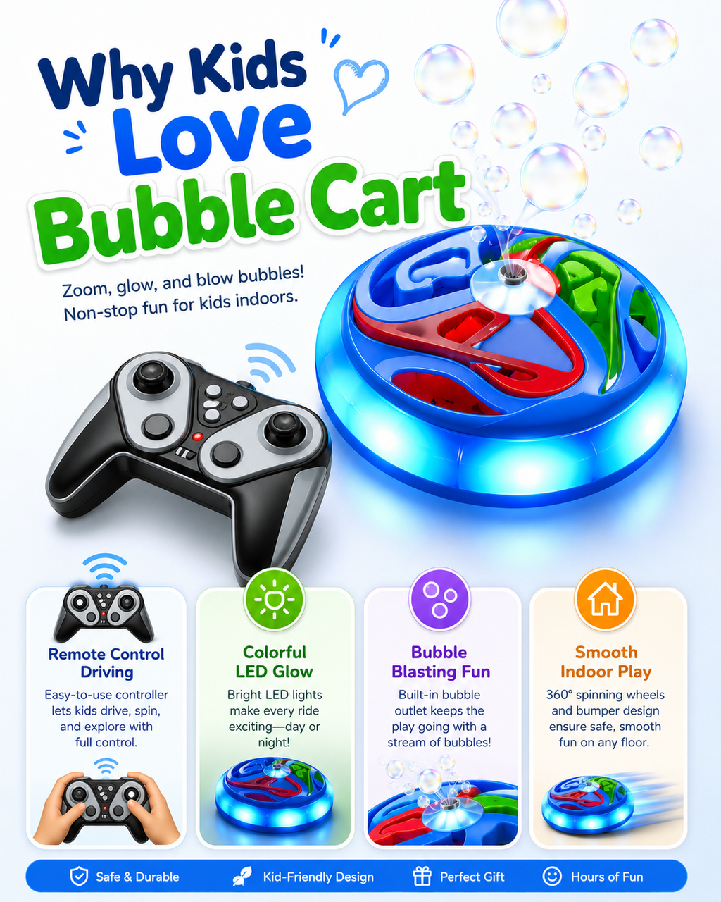 Bubble Cart Remote Control Bubble Toy with LED Lights for Kids
