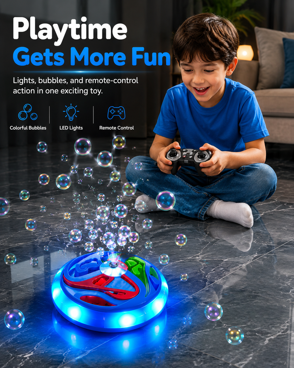Bubble Cart Remote Control Bubble Toy with LED Lights for Kids