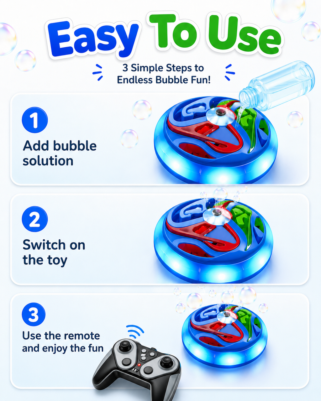 Bubble Cart Remote Control Bubble Toy with LED Lights for Kids