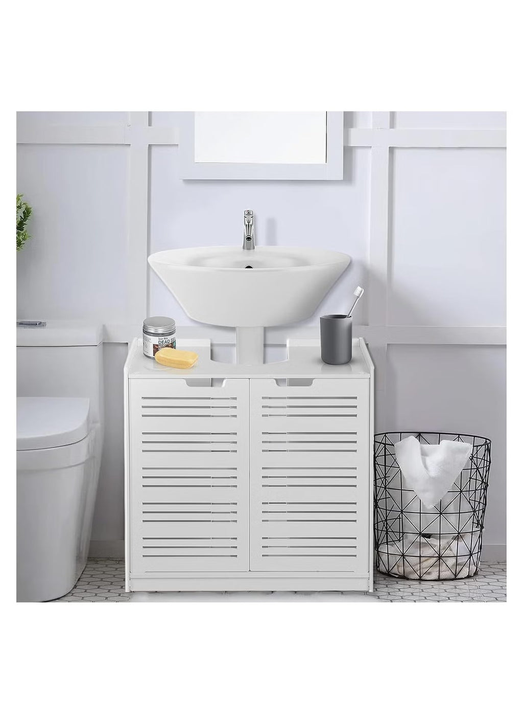 White Double Door under Basin and Sink Storage Cabinet, Space-Optimized Cupboard and Waterproof Vanity Storage Solution for Modern Bathroom and kitchen