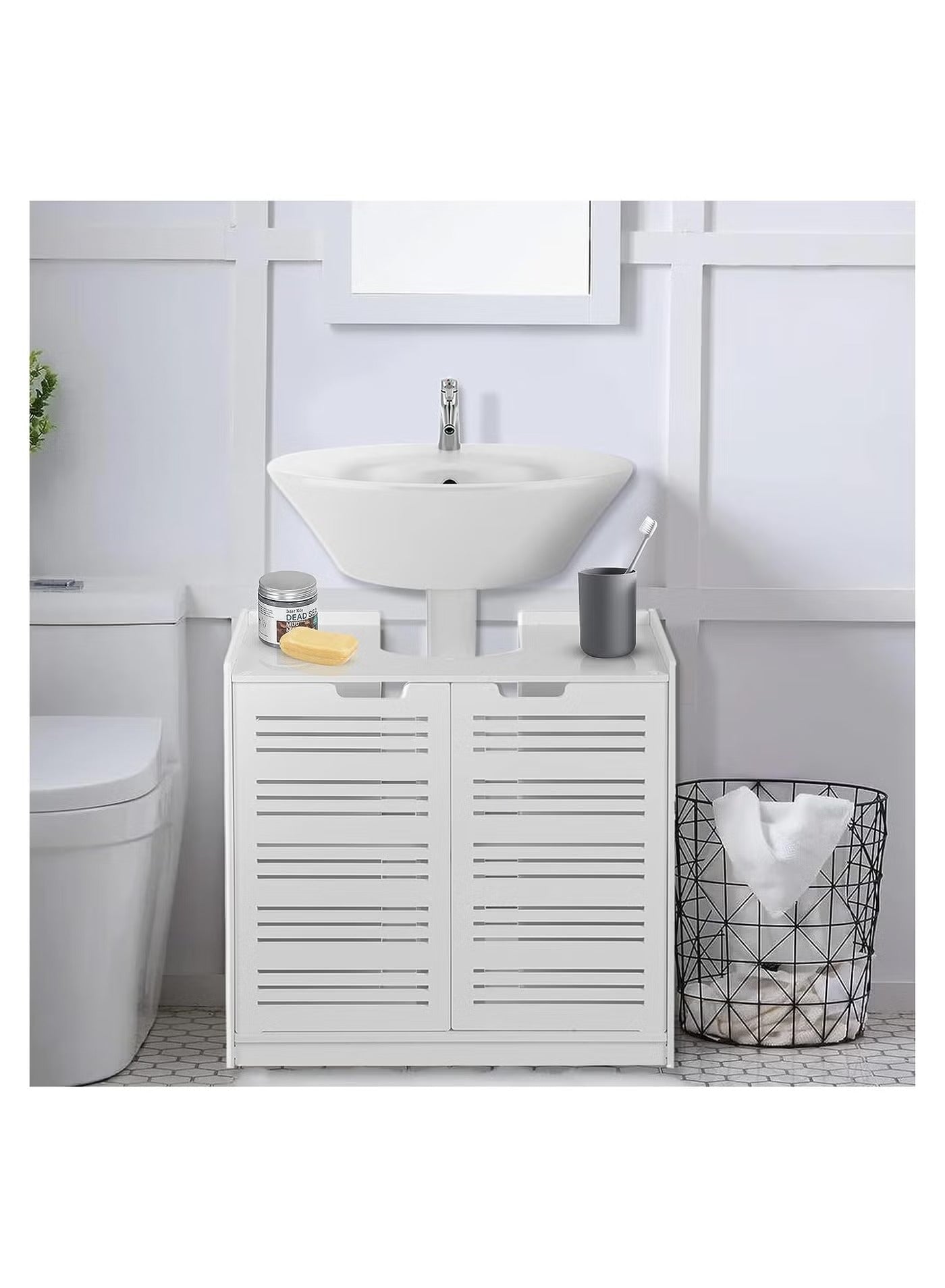 White Double Door under Basin and Sink Storage Cabinet, Space-Optimized Cupboard and Waterproof Vanity Storage Solution for Modern Bathroom and kitchen